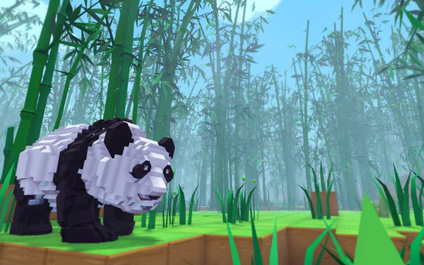 HD desktop wallpaper from PixARK featuring a voxel-style panda in a bamboo forest.