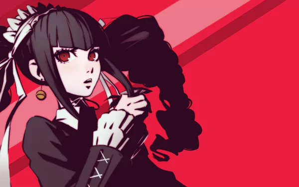 HD desktop wallpaper featuring Celestia Ludenberg from the anime Danganronpa, set against a striking red background.