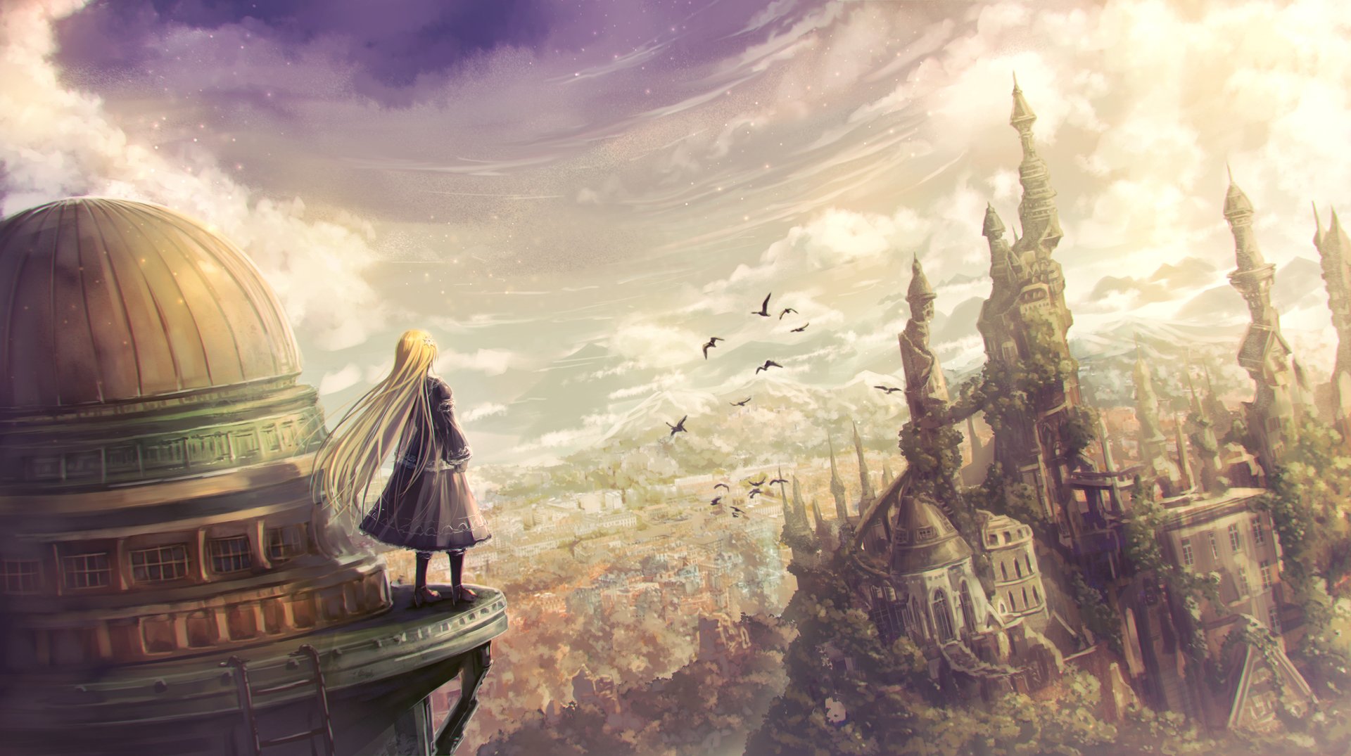 HD anime-style original desktop wallpaper depicting a lone figure overlooking a vast, detailed cityscape with towering spires under a dramatic, cloudy sky.