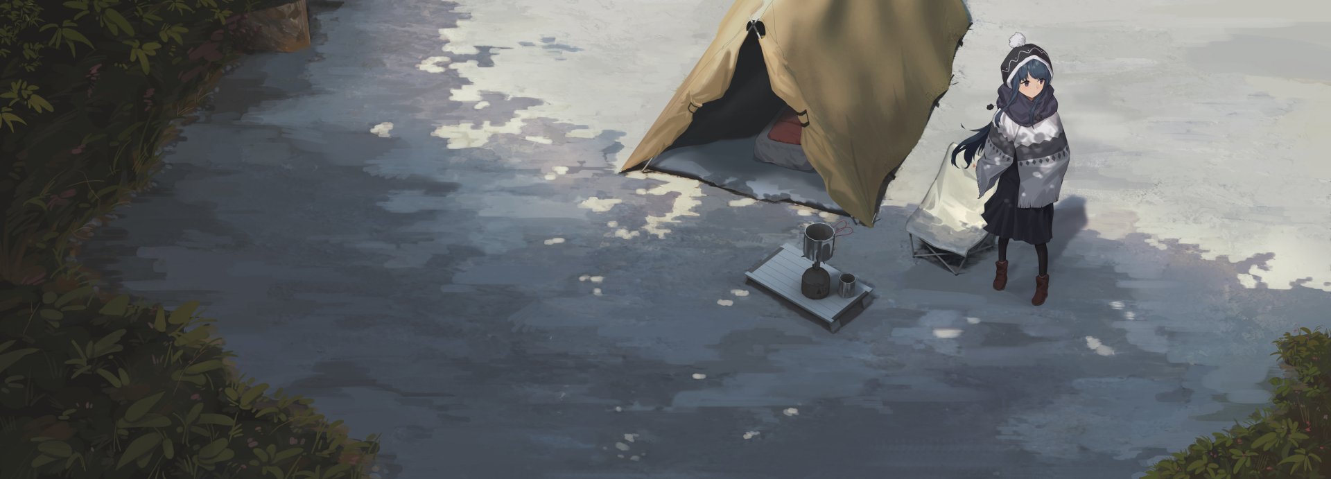 HD PC desktop wallpaper featuring Rin Shima from the anime Laid-Back Camp, showcasing a serene outdoor camping scene with a tent and camping gear.