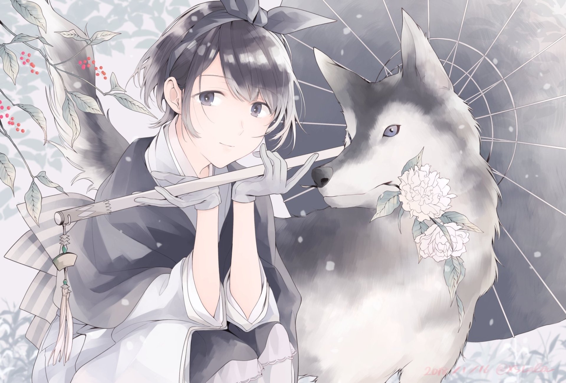 Anime character with short black hair, headband, and gloves smiles while holding a parasol adorned with flowers. A wolf beside her adds charm to this snowy HD desktop wallpaper and background.