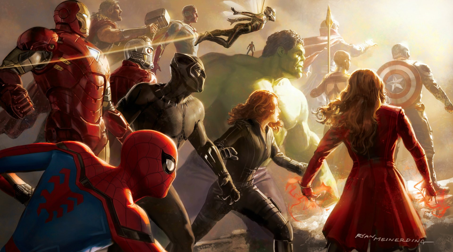 HD desktop wallpaper featuring Captain America, Okoye, Doctor Strange, Scarlet Witch, Black Widow, Hulk, Wasp, Ant-Man, Spider-Man, Black Panther, Star-Lord, Vision, Thor, and Iron Man from Avengers: Infinity War.