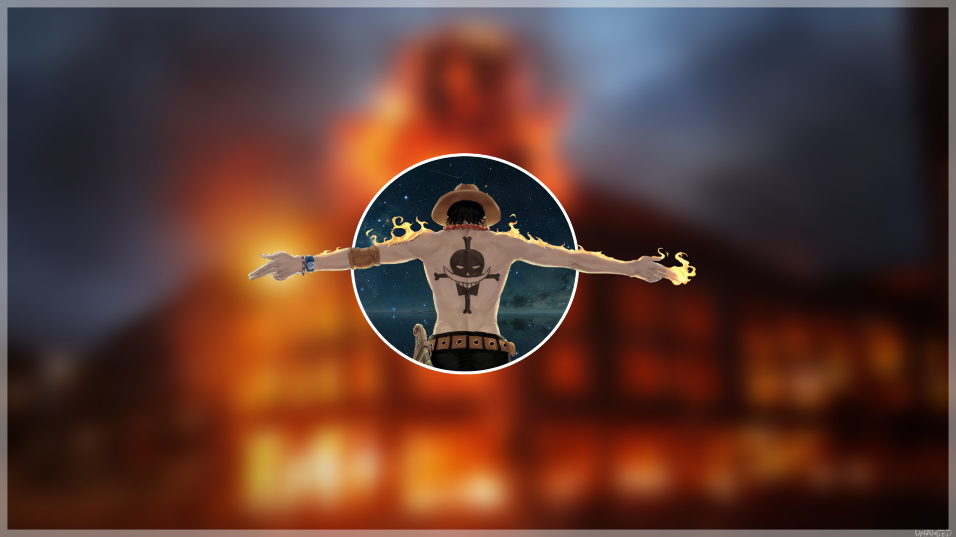 HD anime desktop wallpaper featuring Portgas D. Ace from One Piece, with flames and a fiery background enhancing the dramatic scene.