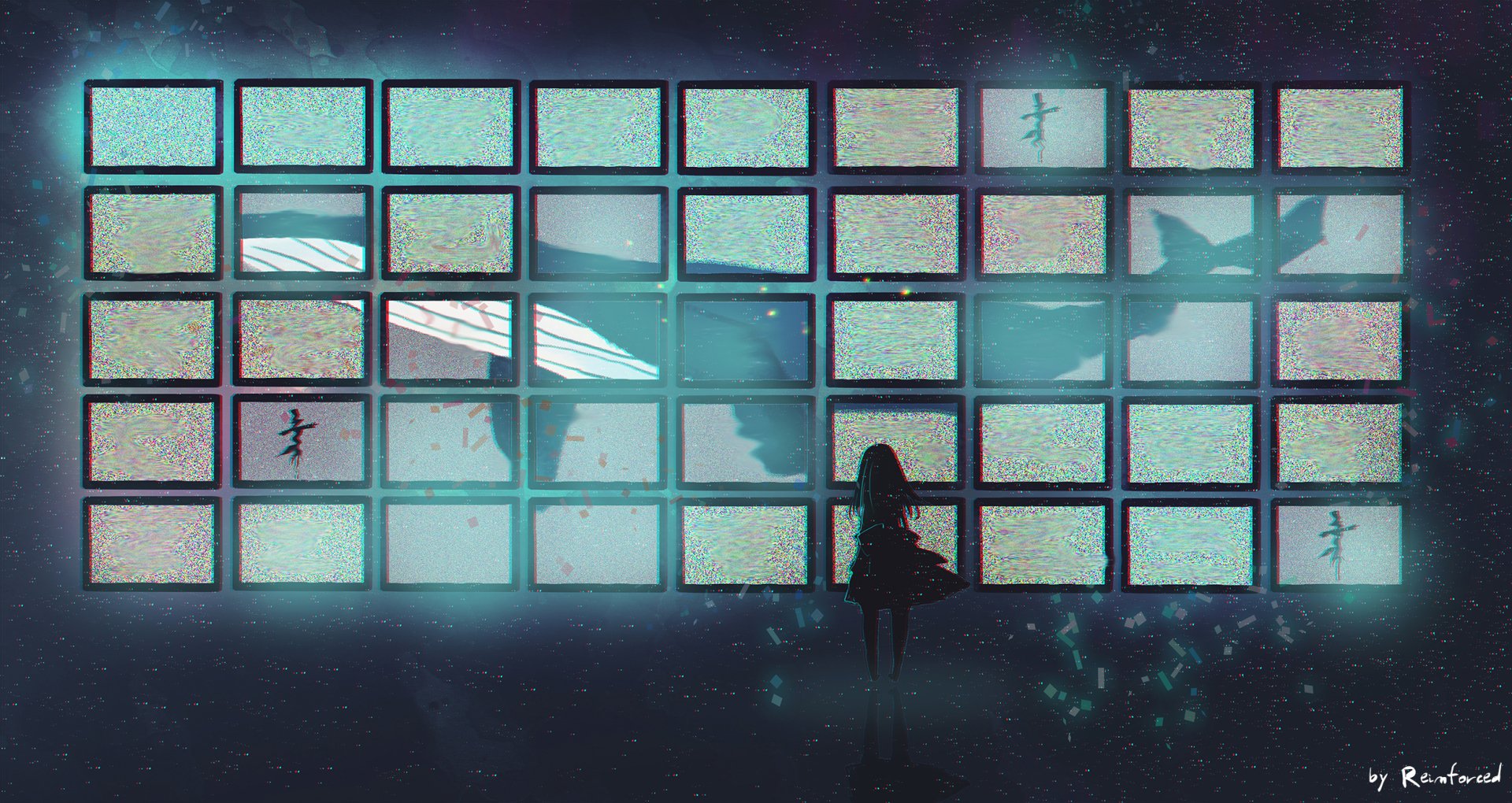 Anime-style HD desktop wallpaper depicting a long-haired figure with black hair watching a giant whale silhouette through a wall of glowing screens.