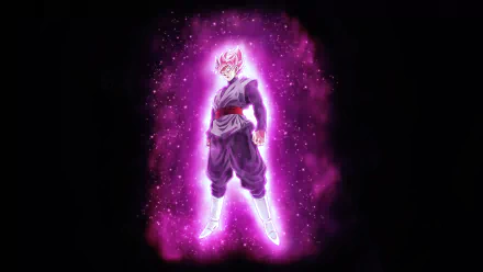 HD desktop wallpaper featuring Black Goku in his Super Saiyan Rosé form from Dragon Ball Super, glowing with a vibrant pink aura against a dark background.
