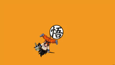 HD Dragon Ball Z desktop wallpaper featuring Goku in an orange background, performing an acrobatic move beside a white and black symbol.