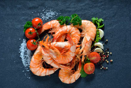 4K Ultra HD still life of fresh shrimp with cherry tomatoes, garlic, parsley, and seasoning on a dark textured surface, blending seafood and vibrant food elements.