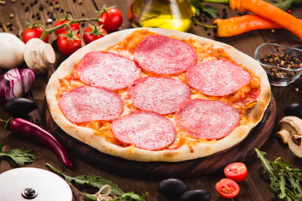 A 4K Ultra HD still life of a salami pizza surrounded by fresh ingredients like tomatoes, mushrooms, and chili peppers on a wooden table background.