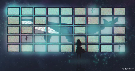 Anime-style HD desktop wallpaper depicting a long-haired figure with black hair watching a giant whale silhouette through a wall of glowing screens.