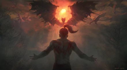 A dark, fantasy HD wallpaper featuring a vampire with pointed ears facing a fiery sunset, arms outstretched, while a dragon with outstretched wings soars above.