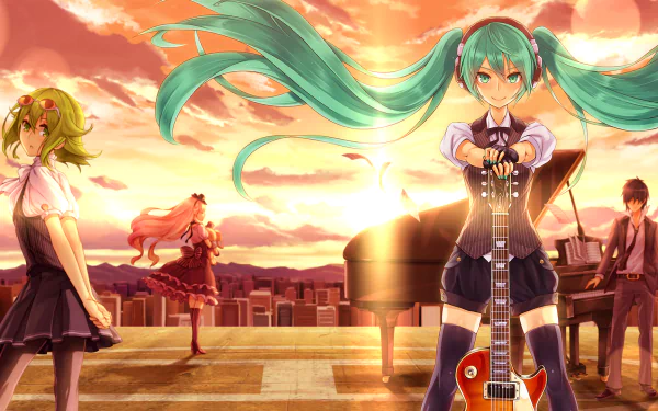 HD anime-style desktop wallpaper featuring Vocaloid characters Mayu, GUMI, and Hatsune Miku with musical instruments against a vibrant sunset cityscape.