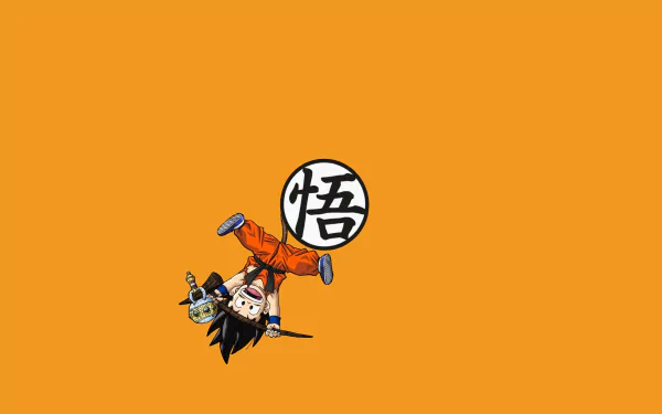 HD Dragon Ball Z desktop wallpaper featuring Goku in an orange background, performing an acrobatic move beside a white and black symbol.