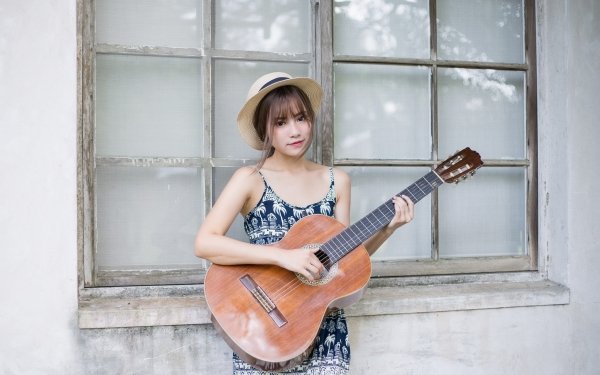 Women Asian Model Guitar Hat Dress Brunette HD Wallpaper | Background Image