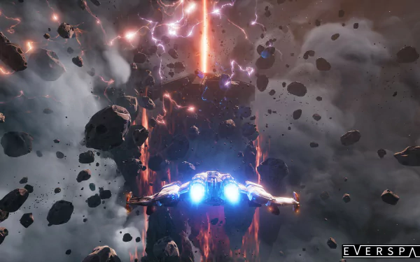 HD desktop wallpaper from Everspace featuring a spaceship navigating through an asteroid field with a vibrant cosmic backdrop.