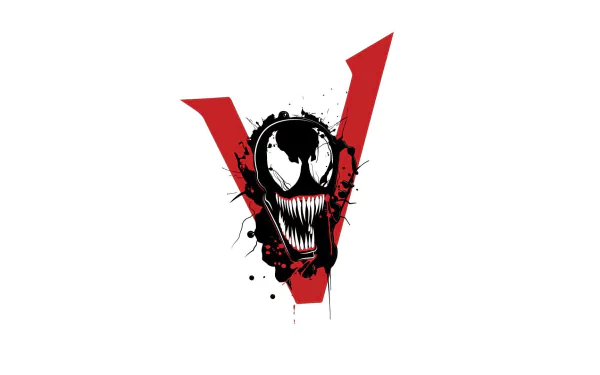 Minimalist comic-style Venom face with sharp teeth and white eyes centered over a bold red V on a clean white background, designed as an HD PC desktop wallpaper.