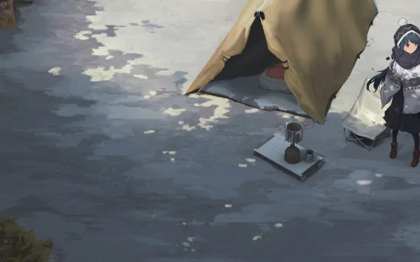 HD PC desktop wallpaper featuring Rin Shima from the anime Laid-Back Camp, showcasing a serene outdoor camping scene with a tent and camping gear.