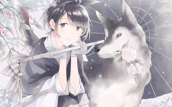 Anime character with short black hair, headband, and gloves smiles while holding a parasol adorned with flowers. A wolf beside her adds charm to this snowy HD desktop wallpaper and background.
