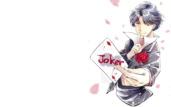 Anime HD PC desktop wallpaper of Youichi Takatoo from The Kindaichi Case Files: portrait holding a Joker card and red rose, pink petals drifting against a white background.
