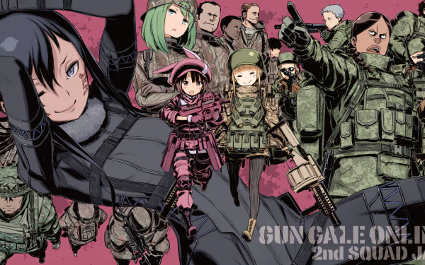 HD desktop wallpaper featuring characters from Sword Art Online Alternative: Gun Gale Online, including LLENN, Pitohui, and Miyu Shinohara, against a vibrant backdrop.