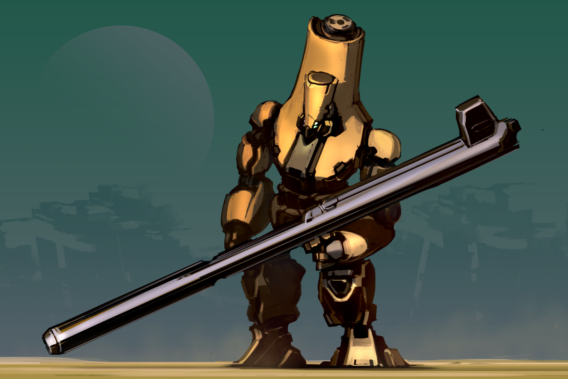 Sci-fi robot holding a long barrel weapon across its chest against a muted cityscape — 2K Quad HD PC desktop wallpaper/background.