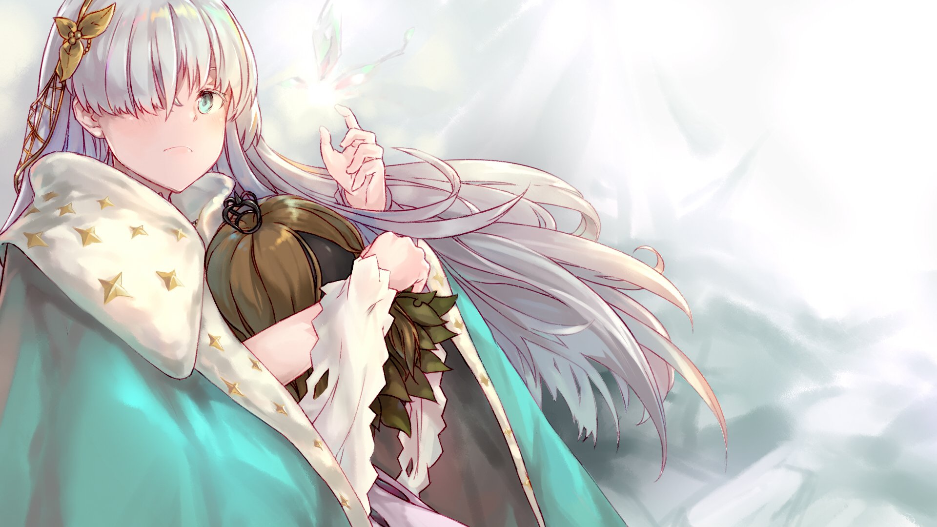 Anastasia (Fate/Grand Order) anime HD PC desktop wallpaper: silver-haired Anastasia in a teal, fur-trimmed cloak, hand raised against a soft cloudy sky.