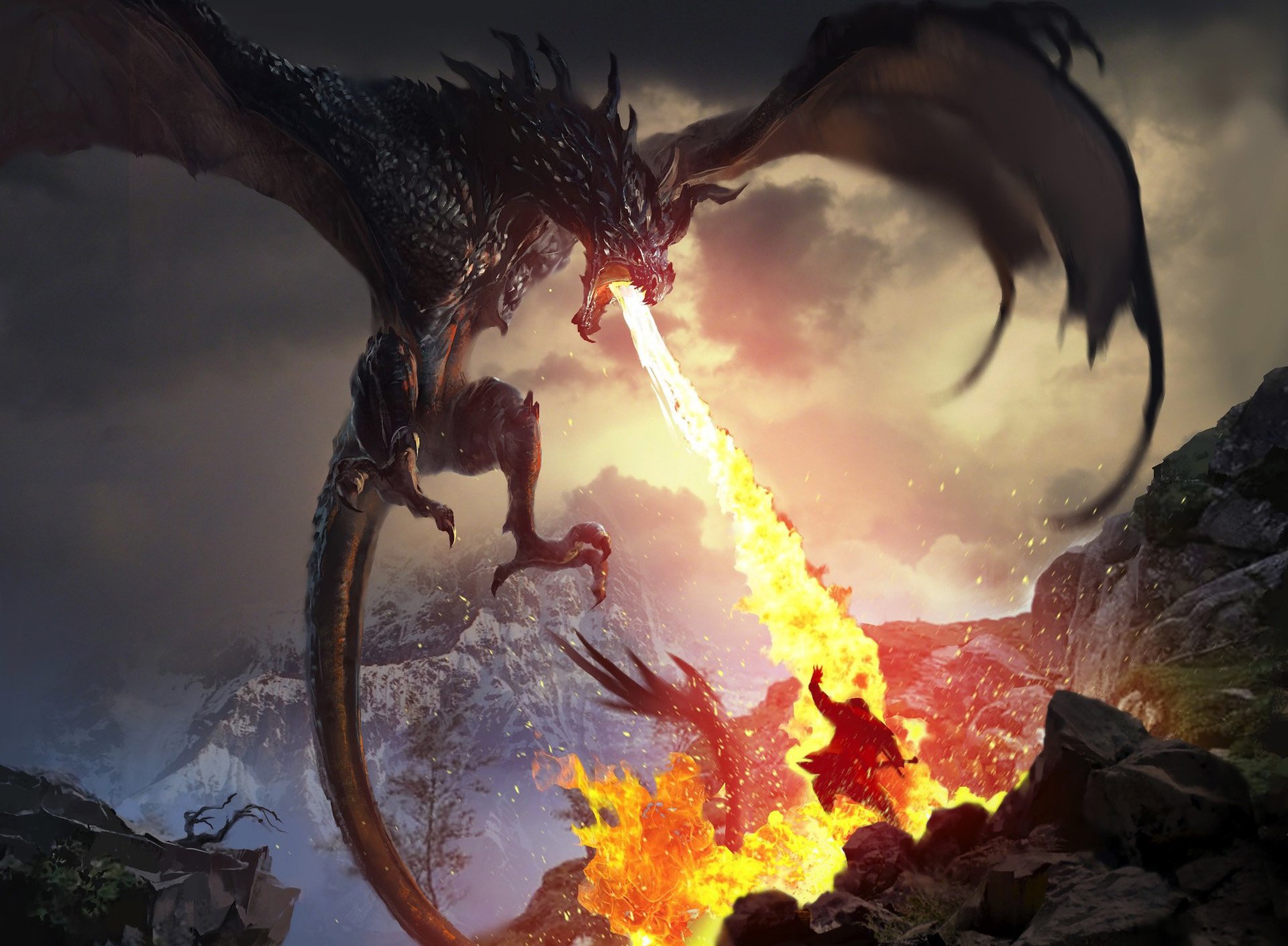HD desktop wallpaper from The Elder Scrolls: Legends video game, featuring a dragon breathing fire over a mountainous landscape.