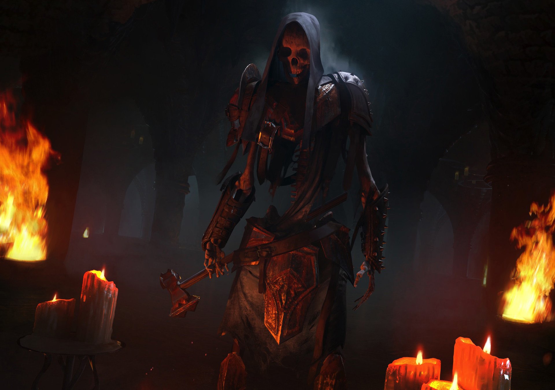 HD PC desktop wallpaper featuring a dark, armored figure from the video game The Elder Scrolls: Legends, surrounded by burning candles in a shadowy environment.