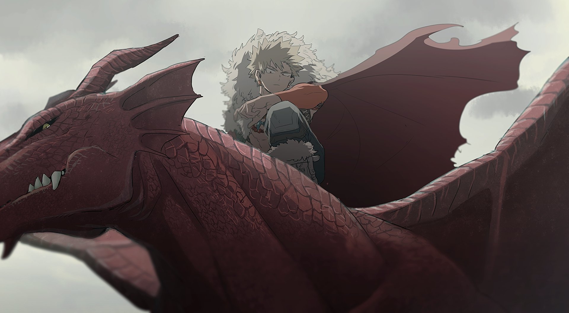 HD desktop wallpaper of Katsuki Bakugou from My Hero Academia, portraying an intense scene with Bakugou riding a fierce red dragon against a cloudy sky.