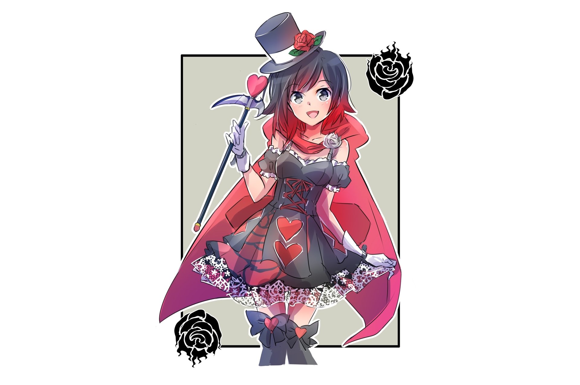 HD anime desktop wallpaper featuring Ruby Rose from RWBY dressed in a gothic-style outfit with a top hat, red cape, and heart motifs.