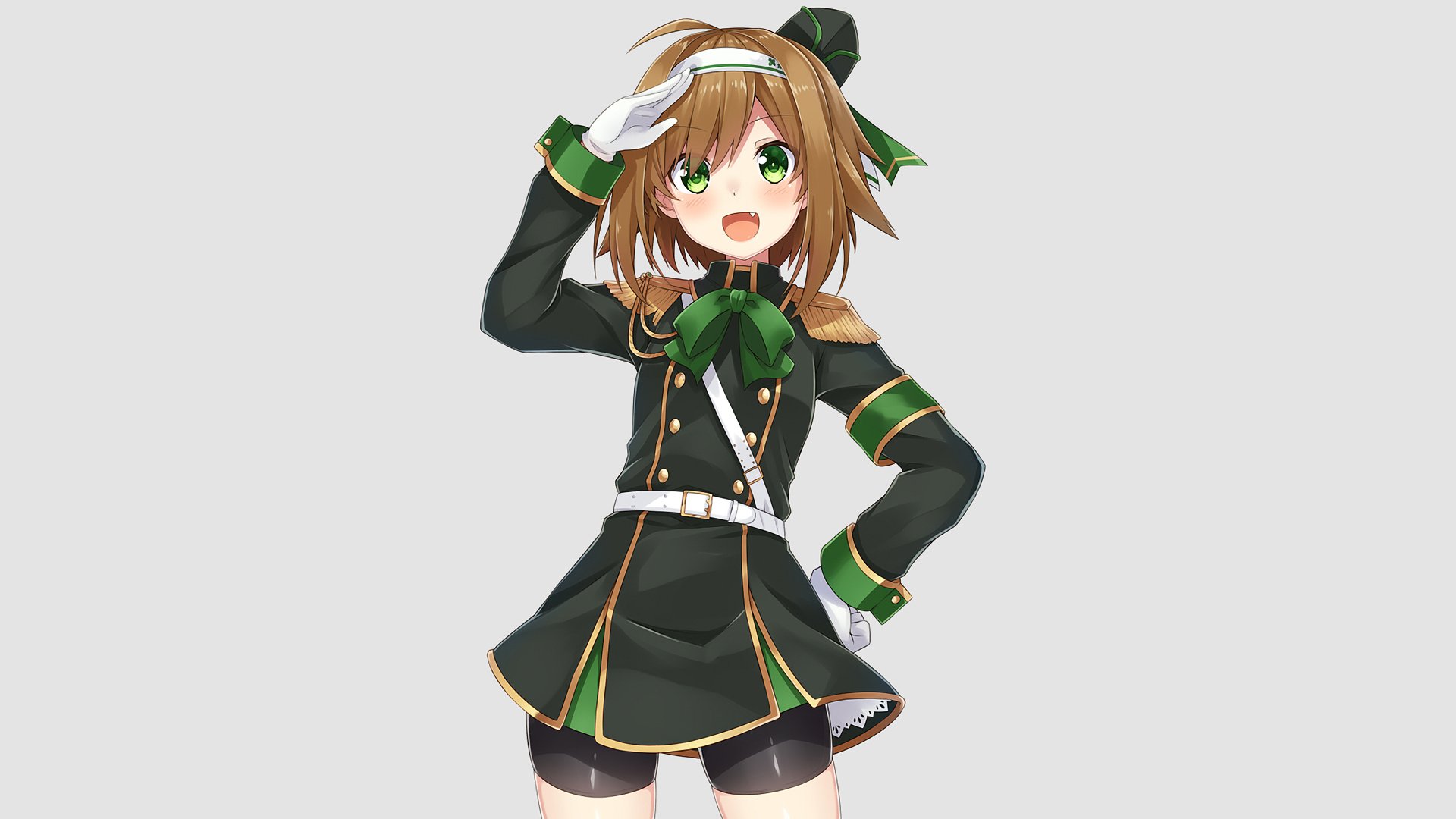 Anime original character — cheerful brown-haired girl with green eyes in a green-trimmed black uniform, saluting; HD PC desktop wallpaper and background.