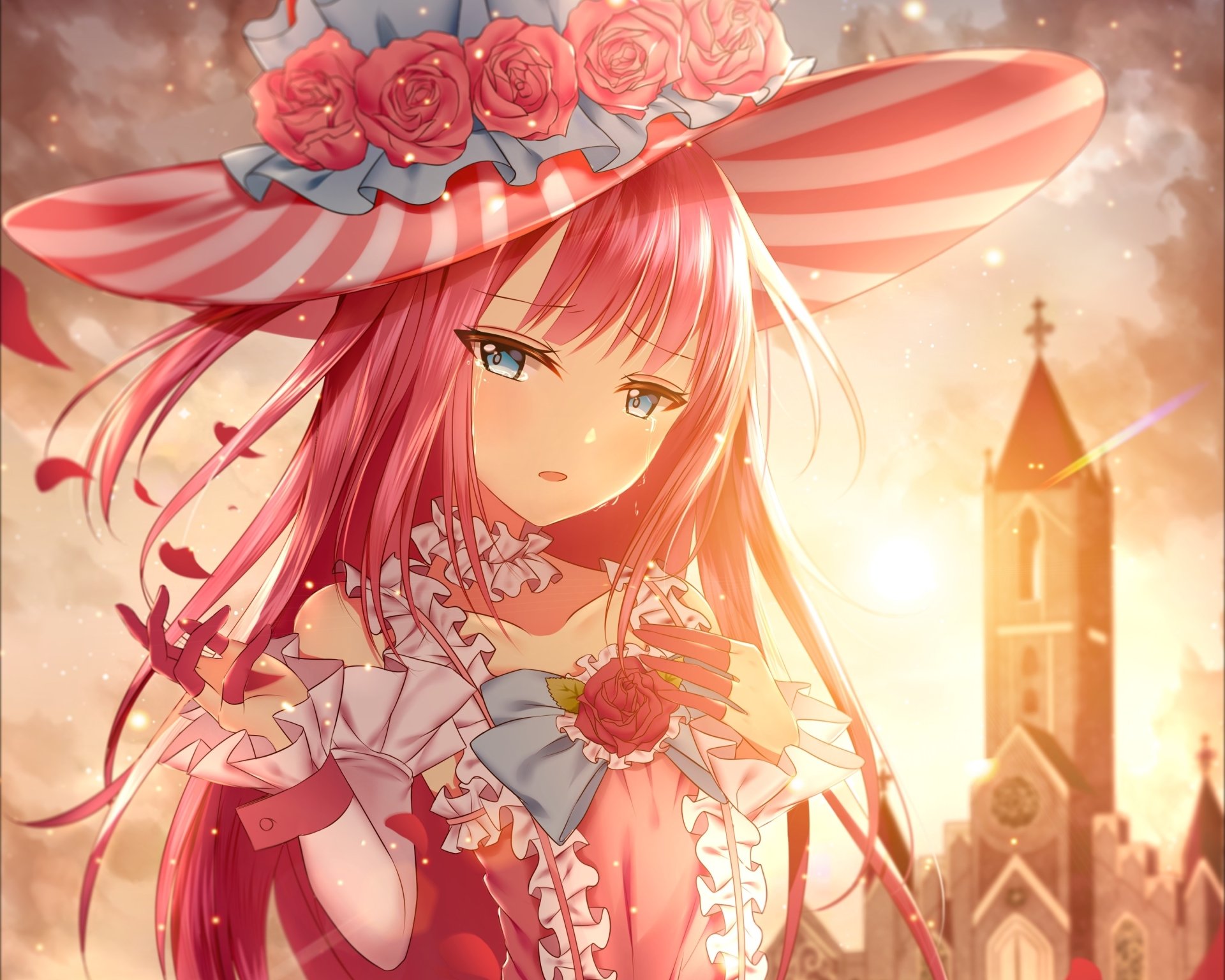 HD PC desktop wallpaper featuring Lancer from Fate/Extra CCC in an anime style, bathed in warm sunlight with a softly glowing background tower, from Fate/Grand Order.
