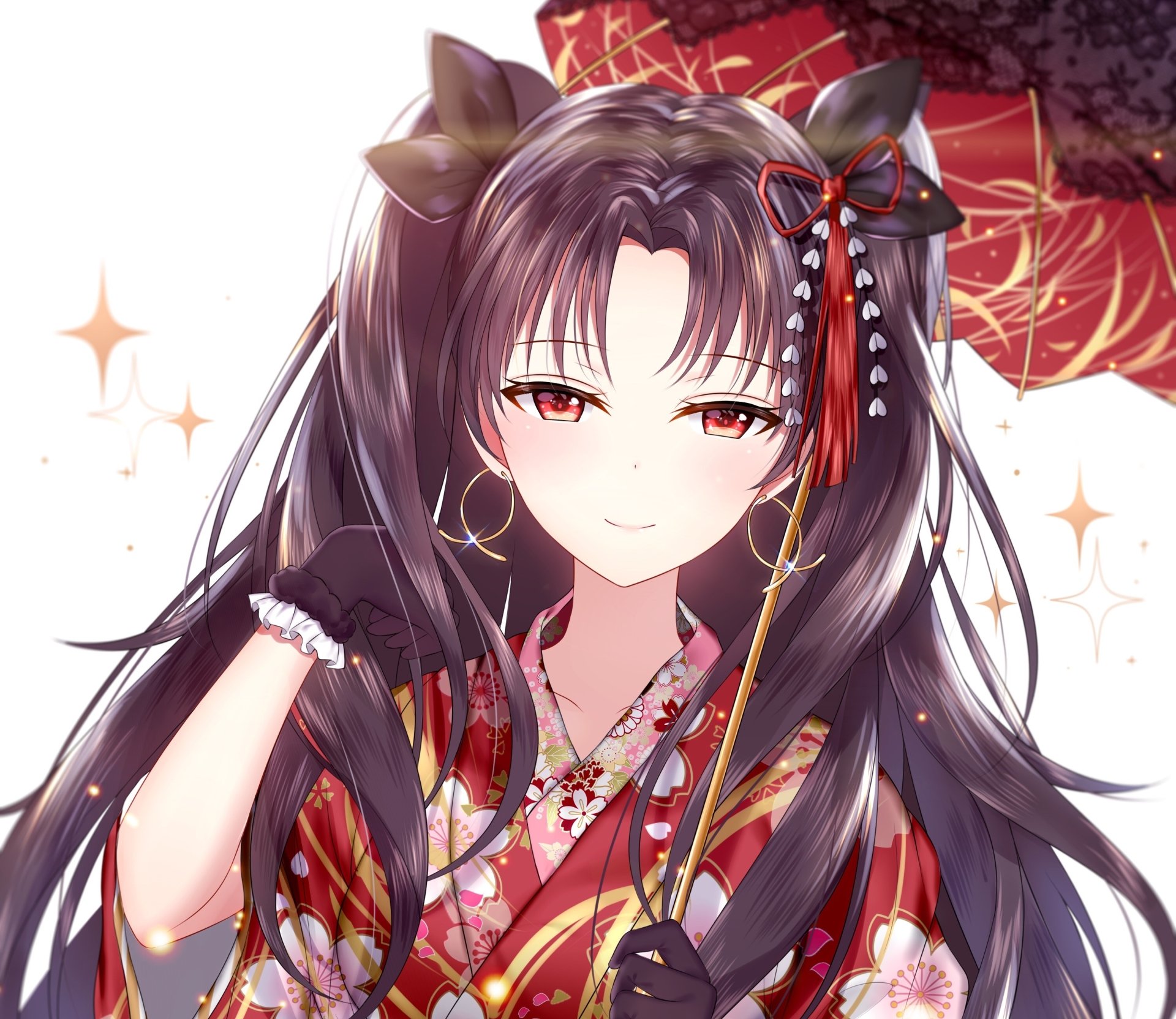 HD desktop wallpaper featuring Rin Tohsaka from the anime Fate/Grand Order. Rin is depicted in a beautiful red and gold outfit with an intricate background design, exuding elegance and charm.