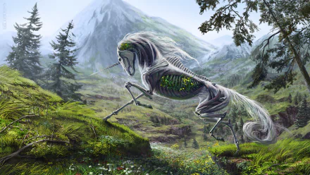 A dark fantasy undead unicorn with exposed glowing green ribs gallops through a lush mountainous forest in this HD PC desktop wallpaper.