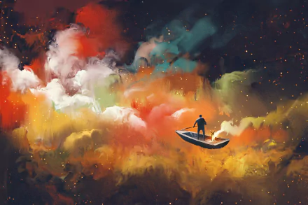 An artistic HD desktop wallpaper depicting a lone person in a boat floating through colorful, cloud-like space scenery, blending vibrant hues of orange, red, and green against a starry background.
