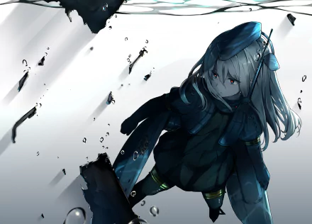 U-511 (Kancolle) from Kantai Collection: anime girl in dark naval gear drifting amid water and debris, moody blue-gray tones — HD PC desktop wallpaper/background.