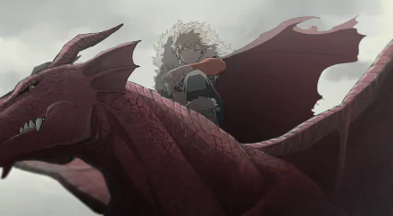 HD desktop wallpaper of Katsuki Bakugou from My Hero Academia, portraying an intense scene with Bakugou riding a fierce red dragon against a cloudy sky.