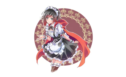 HD PC desktop wallpaper featuring Ruby Rose from RWBY in an anime-style maid outfit with a red cape, set against a decorative circular background.