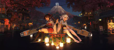 HD PC desktop wallpaper featuring Shoukaku and Zuikaku from Azur Lane, set against a serene nighttime backdrop with Mount Fuji and glowing lanterns.