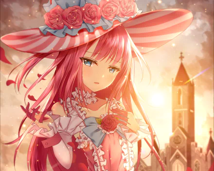 HD PC desktop wallpaper featuring Lancer from Fate/Extra CCC in an anime style, bathed in warm sunlight with a softly glowing background tower, from Fate/Grand Order.