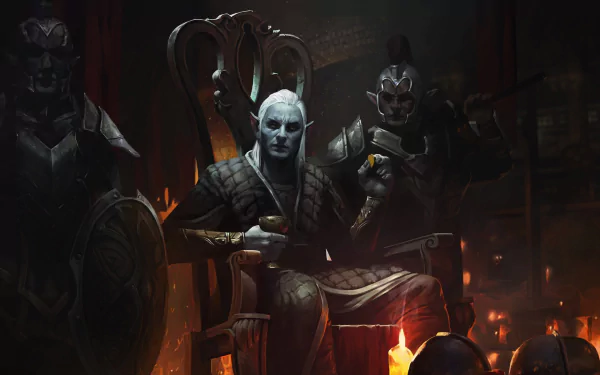 Dark elf warrior seated on a throne surrounded by armored guards, depicted in high-definition PC desktop wallpaper from the video game The Elder Scrolls: Legends.