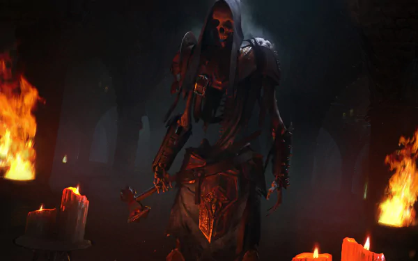 HD PC desktop wallpaper featuring a dark, armored figure from the video game The Elder Scrolls: Legends, surrounded by burning candles in a shadowy environment.
