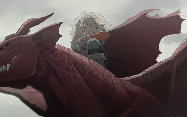 HD desktop wallpaper of Katsuki Bakugou from My Hero Academia, portraying an intense scene with Bakugou riding a fierce red dragon against a cloudy sky.