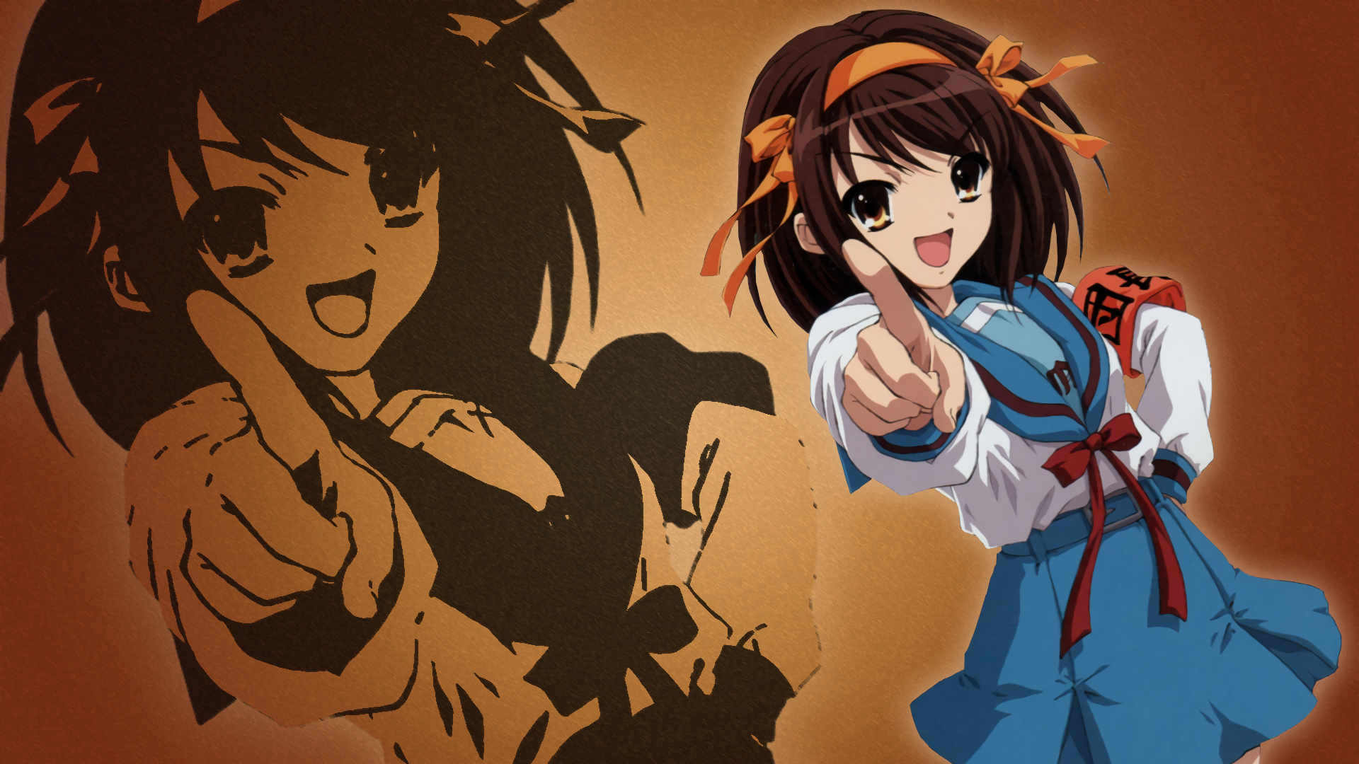 HD PC anime desktop wallpaper of Haruhi Suzumiya (The Melancholy of Haruhi Suzumiya): pointing and smiling in her blue school uniform with a large shadow silhouette on a warm brown background.