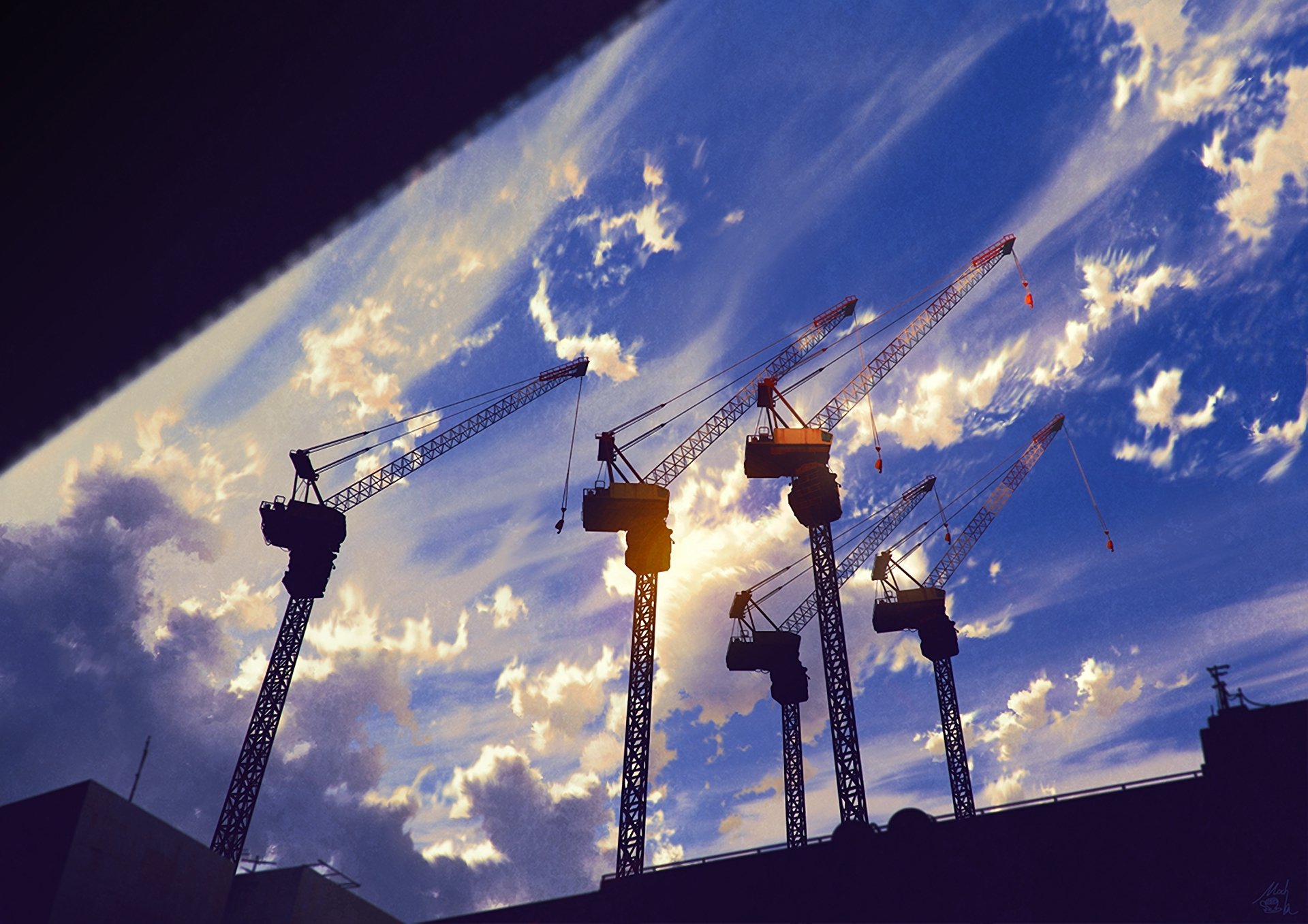 Original Anime HD PC desktop wallpaper/background: crane silhouettes reach into a sunlit, cloud-streaked sky with vibrant backlight and dramatic clouds.