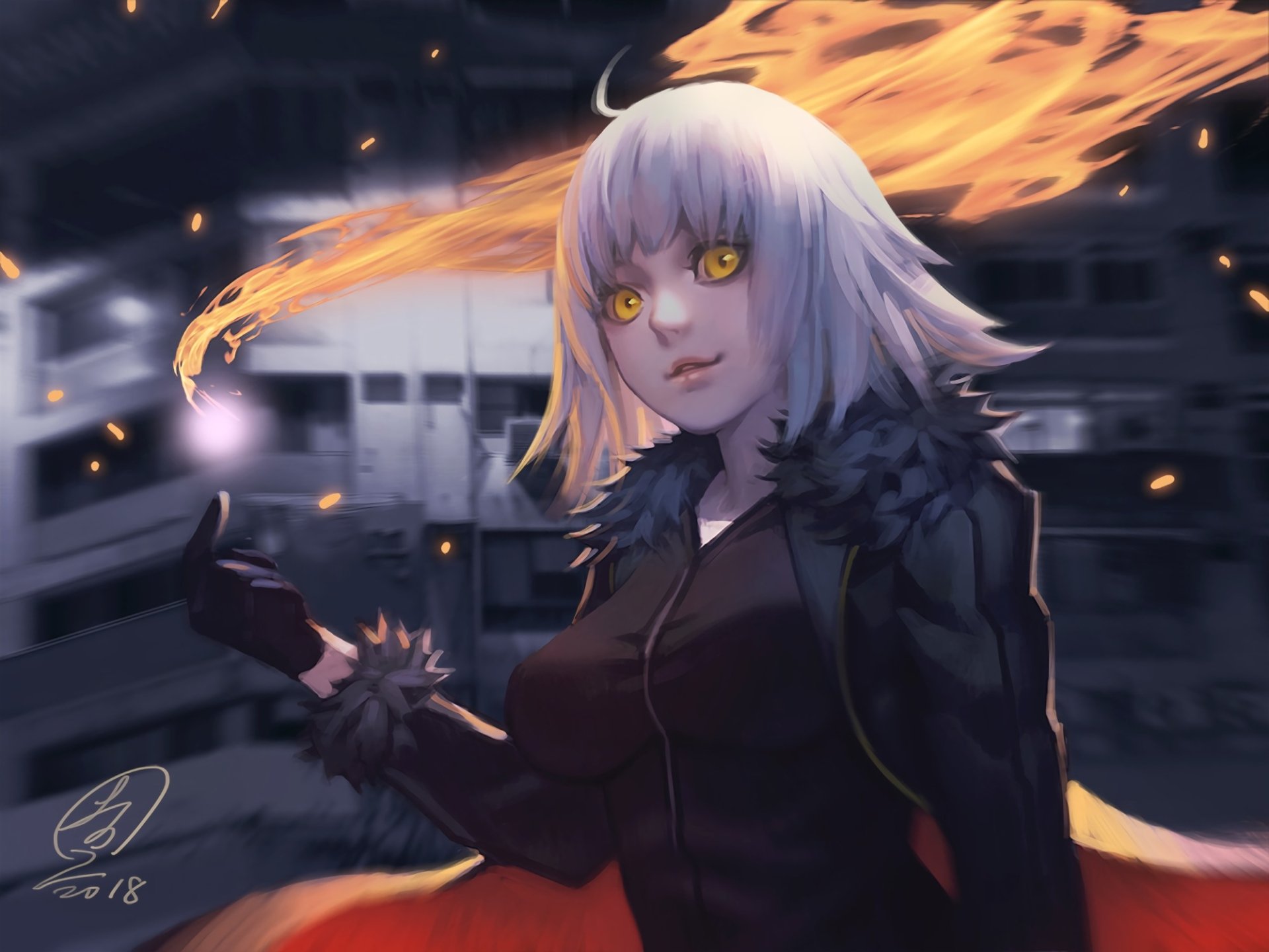Jeanne d'Arc Alter (Avenger, Fate/Grand Order) — short white hair, glowing yellow eyes and fur-collared black coat, flames trailing behind her in a dim Shinjuku street; HD anime wallpaper.