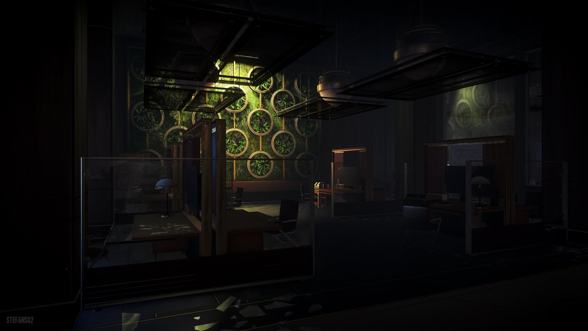 Moody interior from Prey (video game): shadowed industrial lab with glowing green circular machinery, scattered desks and consoles — 4K Ultra HD PC desktop wallpaper.