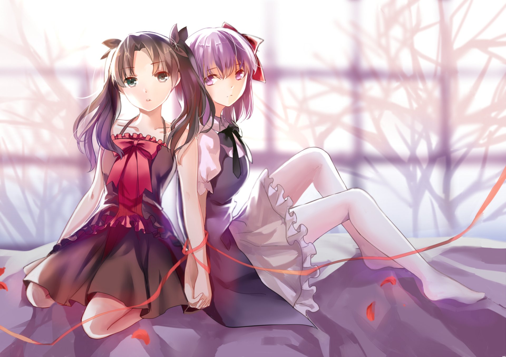 HD anime wallpaper featuring Sakura Matou and Rin Tohsaka from Fate/Stay Night, sitting closely with a soft, pastel background and red thread connecting them.