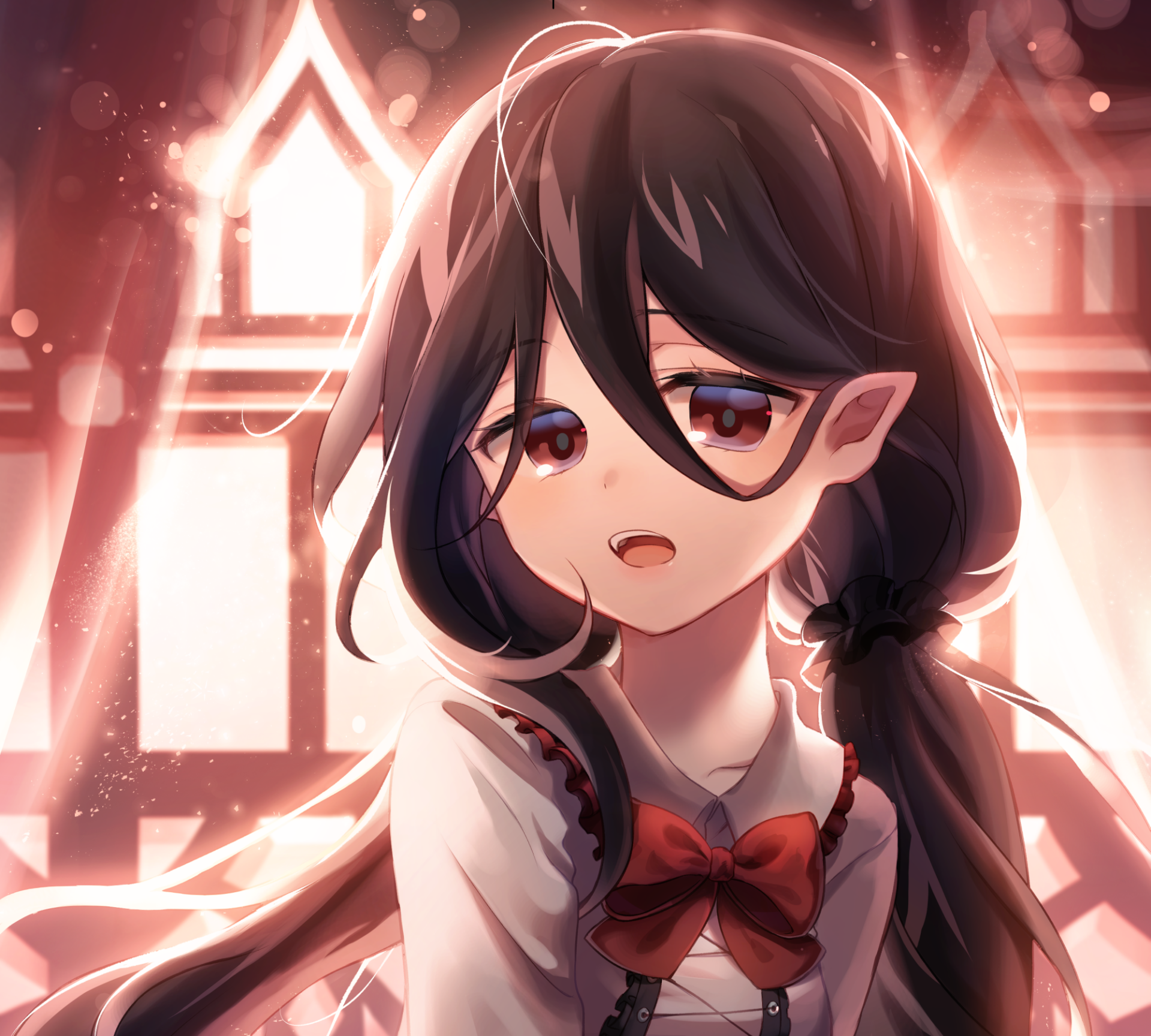 Anime-style elf girl with long brown twintails, pointed ears, and brown eyes, wearing a bow, set against a softly glowing background in HD quality.