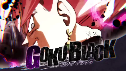 Close-up profile of Goku Black (pink hair, dark aura) from Dragon Ball FighterZ, bold Goku Black logo on a vivid paint-splatter backdrop — HD PC desktop wallpaper and background.