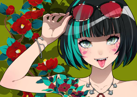 flower tattoo sunglasses green eyes fangs smile green hair black hair short hair Anime Original HD Desktop Wallpaper | Background Image